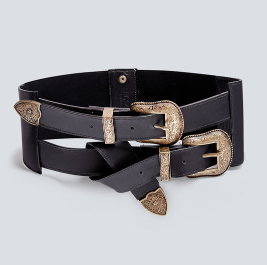 Cinturón en cuero para mujer doble hebilla ancho dorado pavón