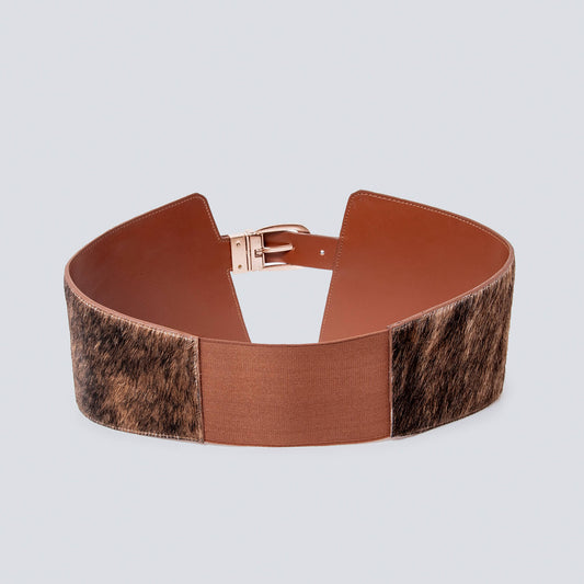 Cinturón en cuero para mujer pelo de vaca cafe