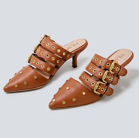 40% DESCUENTO Stiletto en cuero cafe- dorado