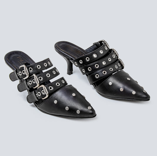 25% DESCUENTO Stiletto en cuero negro- plata