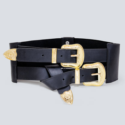 Cinturón en cuero para mujer doble hebilla ancho negro, dorado brillante