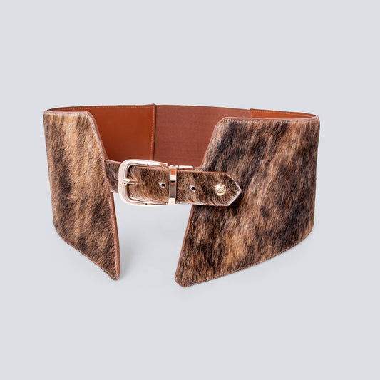 Cinturón en cuero para mujer pelo de vaca cafe