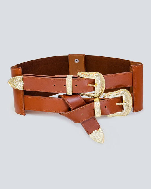 Cinturón en cuero para mujer doble hebilla ancho cafe