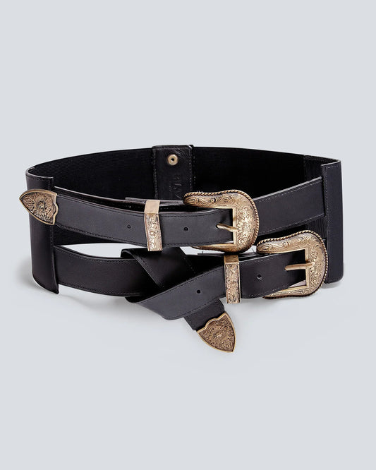 Cinturón en cuero para mujer doble hebilla ancho dorado pavón