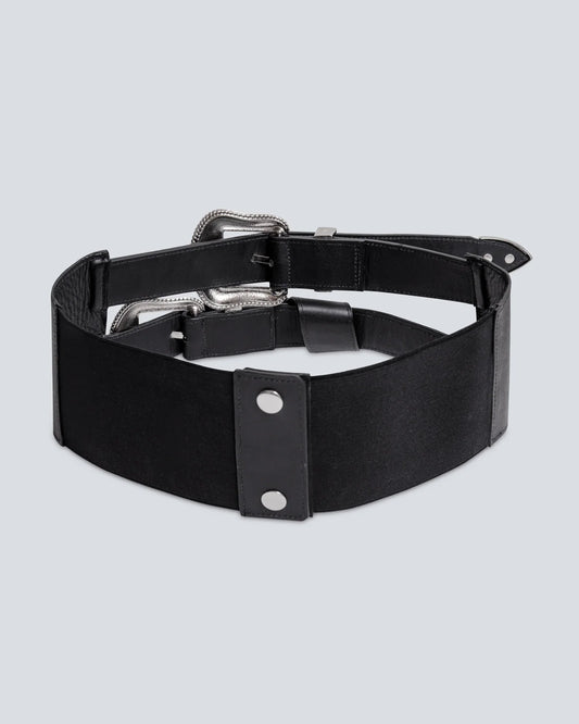 Cinturón en cuero para mujer doble hebilla ancho plata