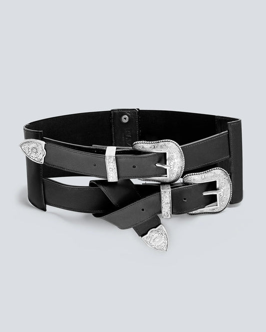 Cinturón en cuero para mujer doble hebilla ancho plata