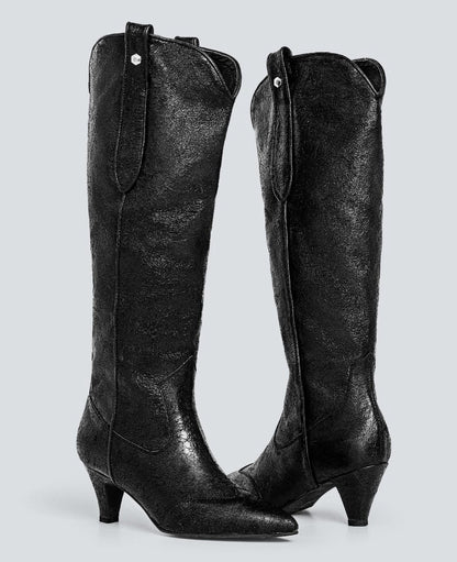 30% Botas en cuero Boho larga negra