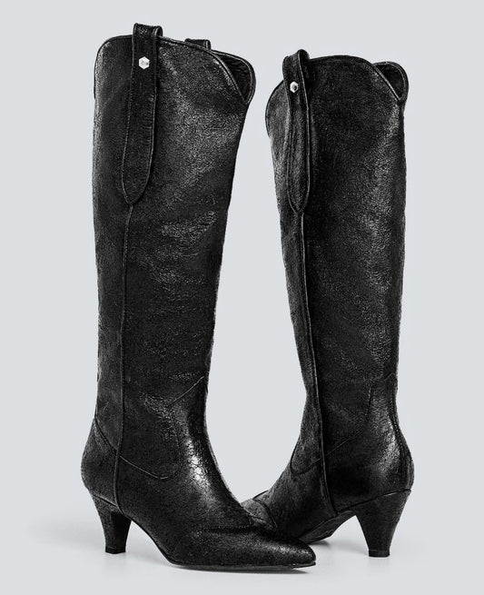 30%-Botas en cuero Boho larga negra