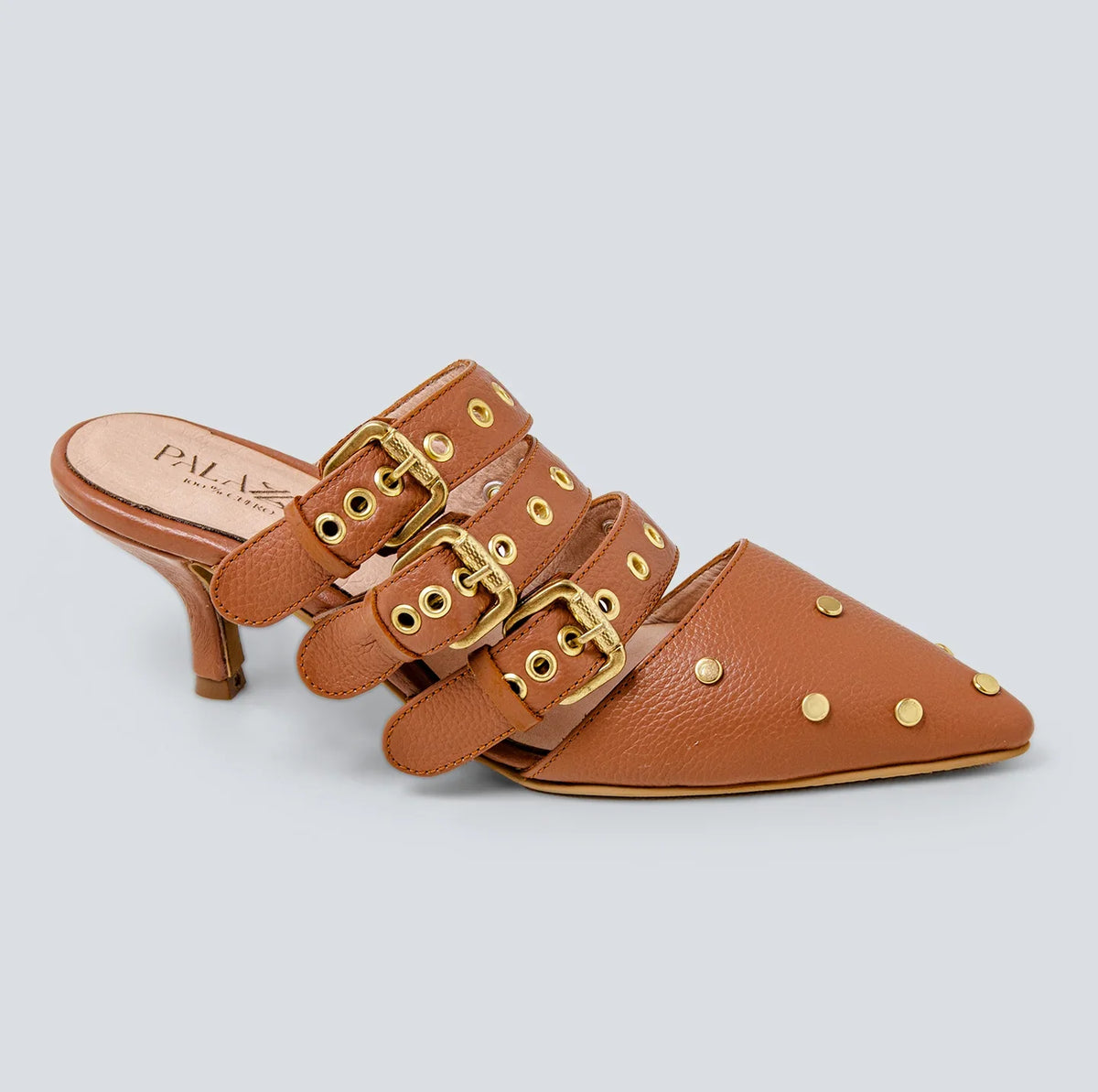 25% DESCUENTO Stiletto en cuero cafe- dorado