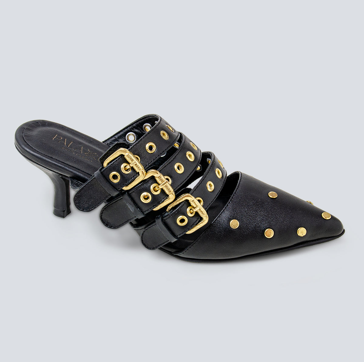 25% DESCUENTO Stiletto en cuero negro- dorado